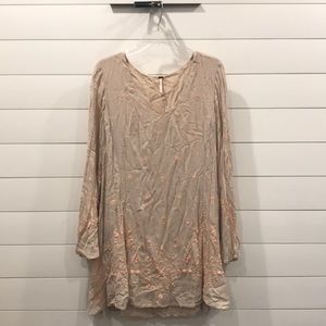 Beige Bell-sleeve Dress with Embroidered Detail